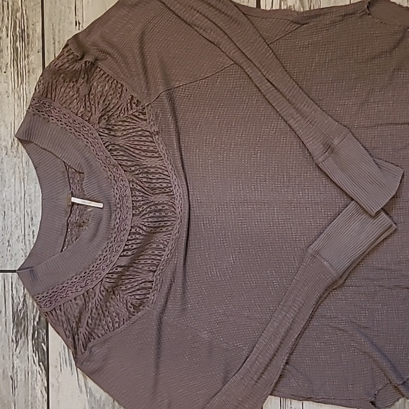 Free People Spring Valley Taupe Lightweight Thermal Knit Lace Tunic Top Wmns L - Picture 3 of 14